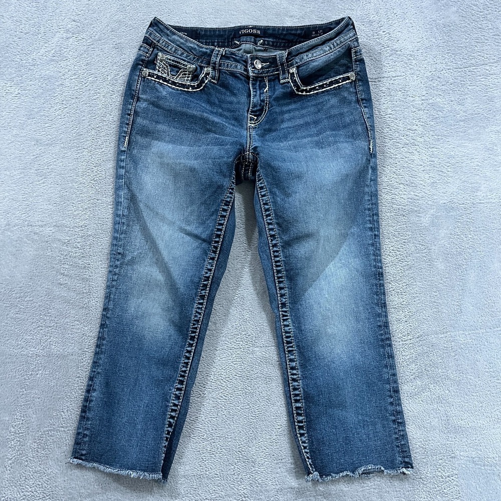 Vigoss Jeans Womens S8 L21 Blue Heritage Fit Denim Capri Embroidered Y2K Western